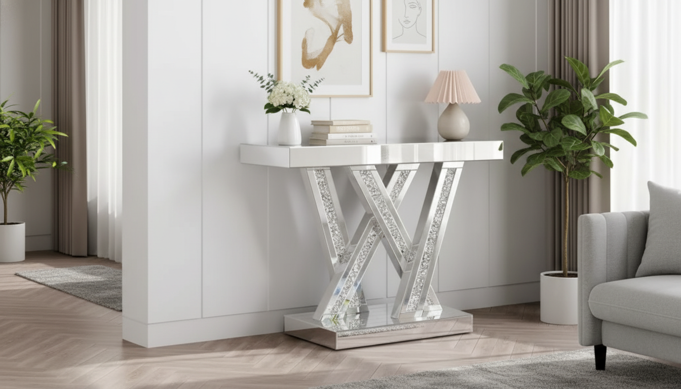 35-Inch Mirrored Console Table with Crushed Diamond Inlay