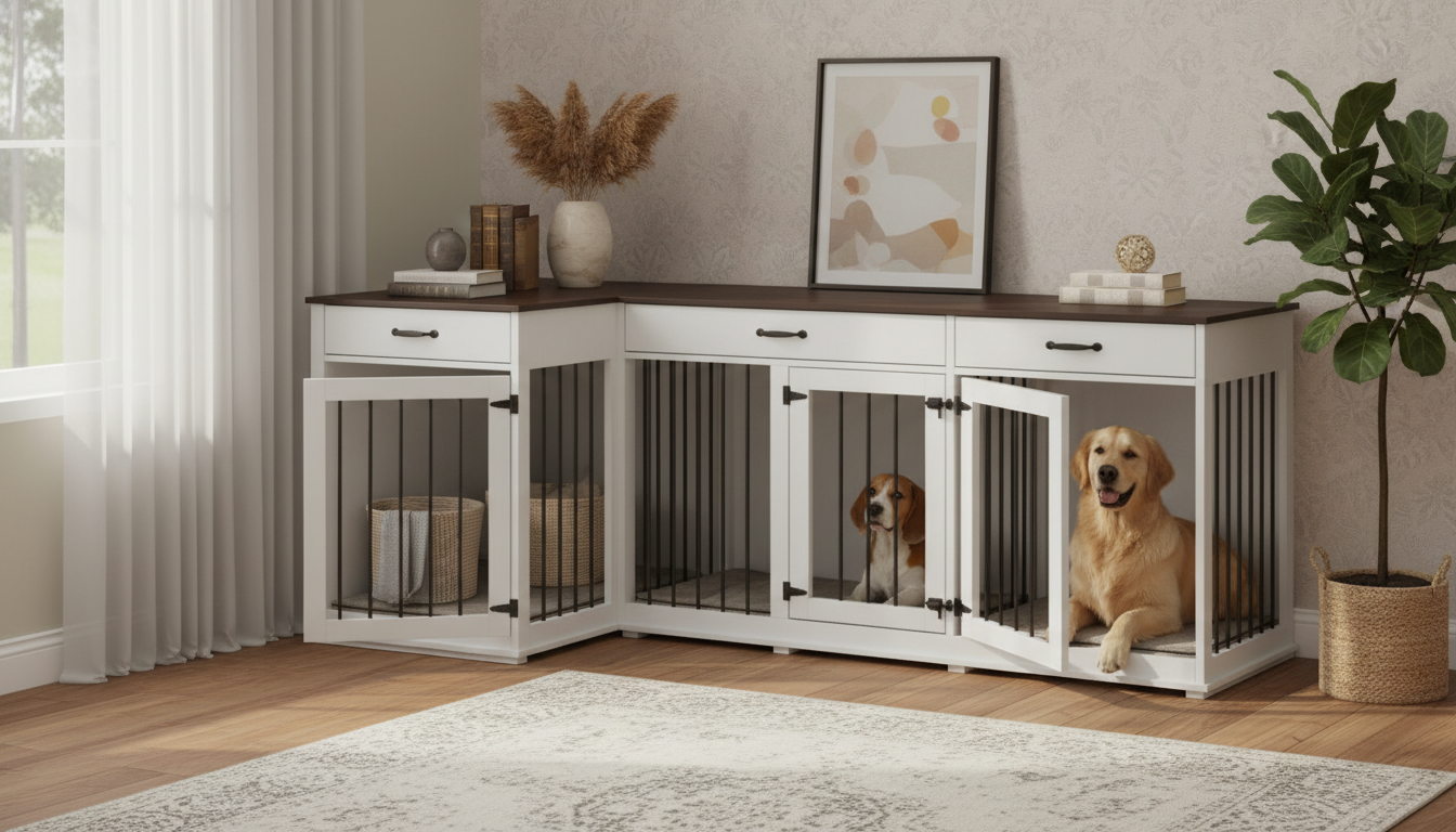 59-Inch Wooden Double Dog Crate Furniture with Drawers