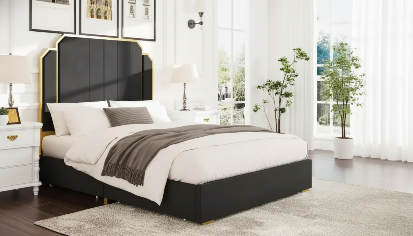 59″ Velvet Queen Platform Bed with Gold Accents & Storage