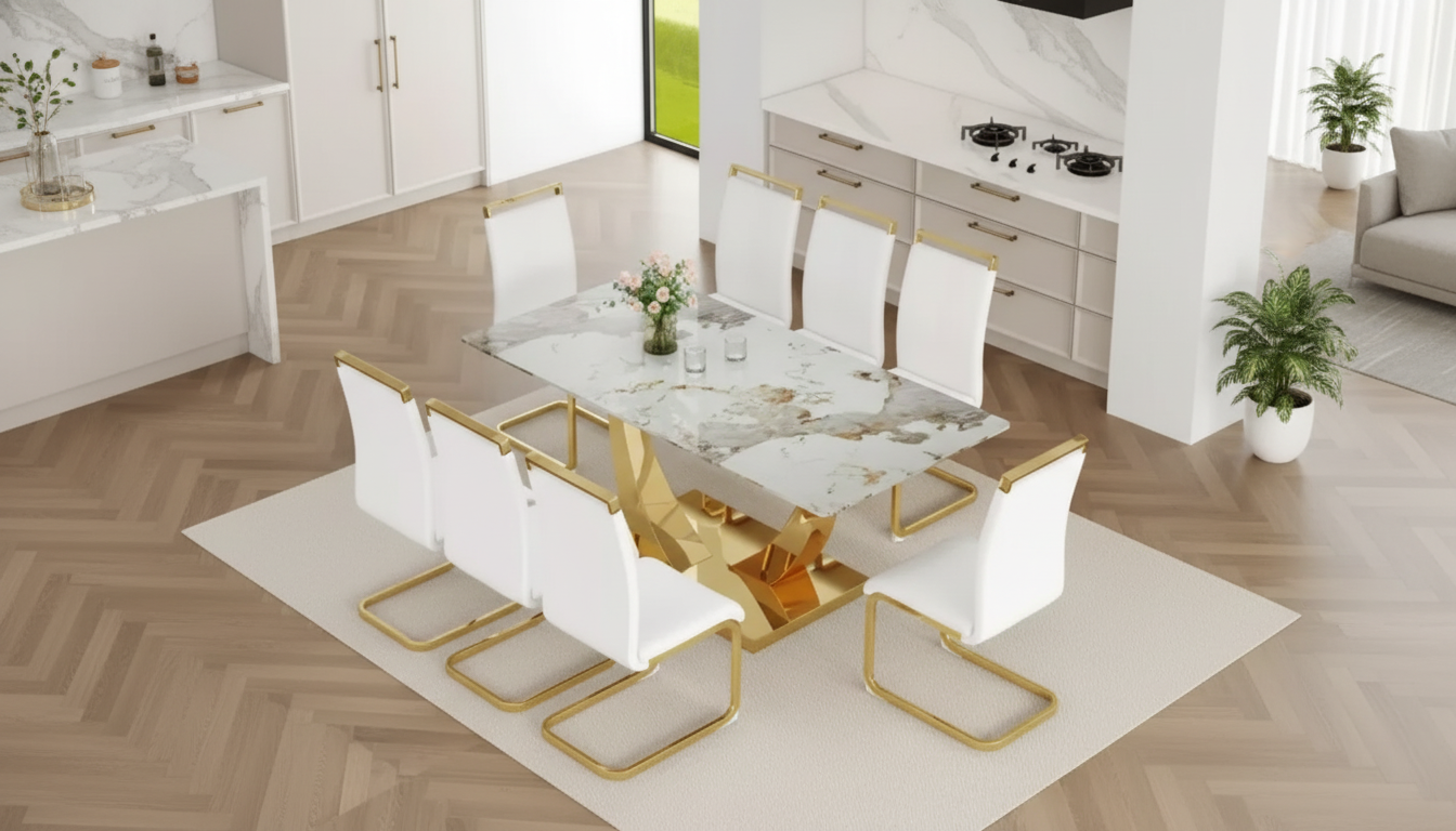 71-Inch Gold Dining Set for 8 with PU Leather Chairs