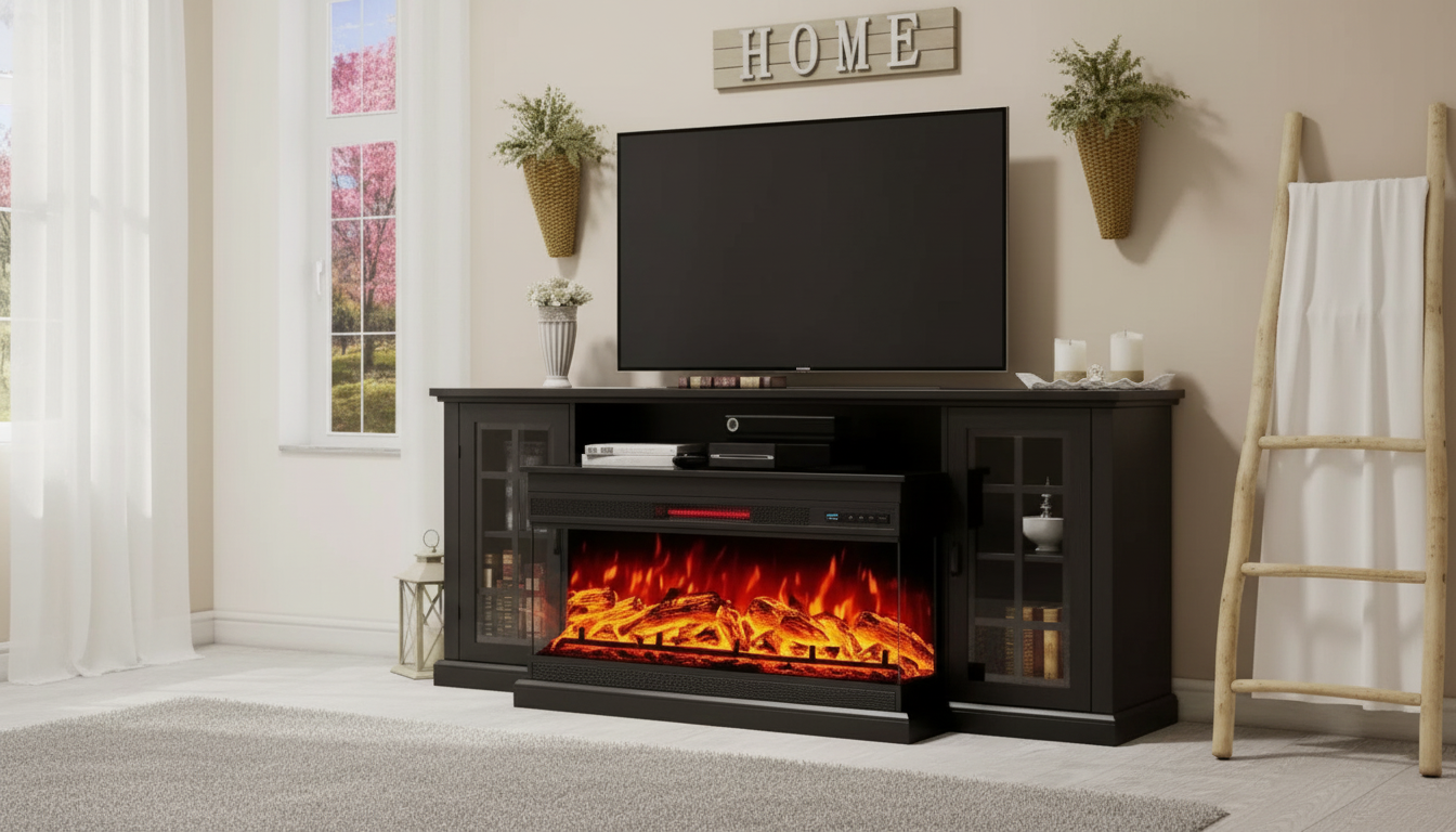 75-Inch Fireplace TV Stand: 3-Sided Glass & Storage