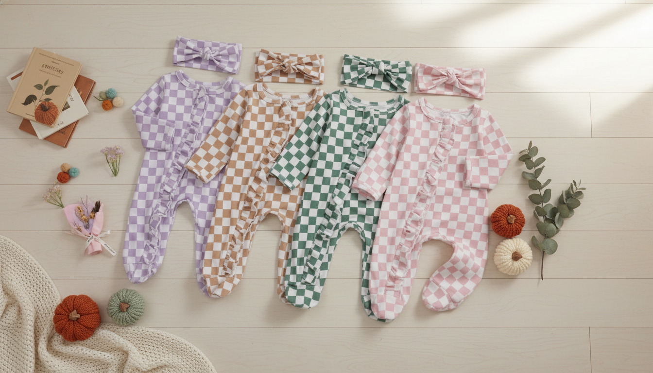 Checkerboard Ruffle Romper & Headband Set for Fall