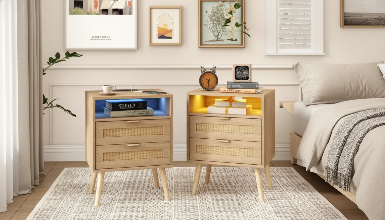 Boho Rattan Nightstands (Set of 2) w/ Charging + LED