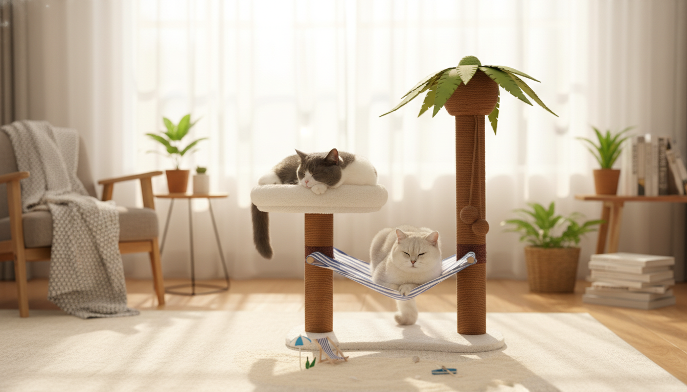 Coconut Tree Cat Scratching Tower with Hammock & 2 Levels