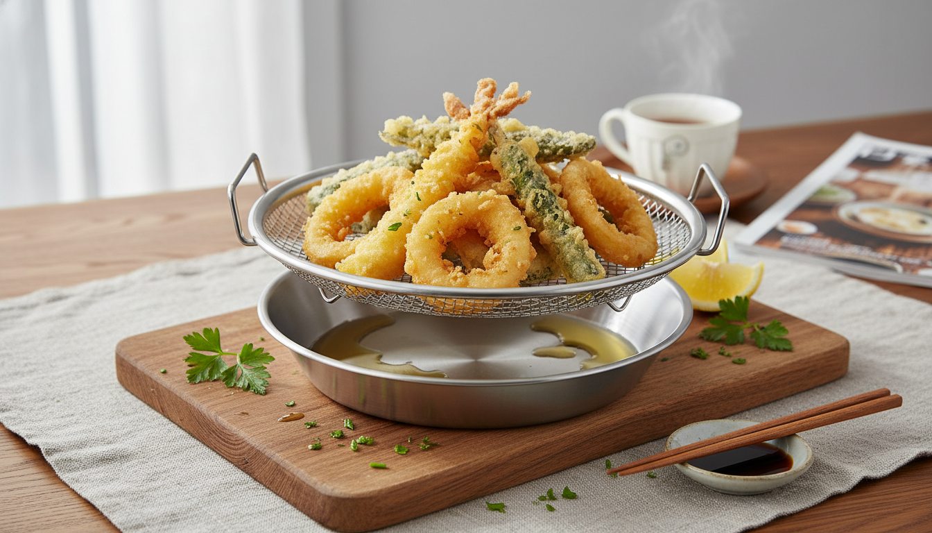 Crispier Frying with a Stainless Tray & Mesh Basket Set