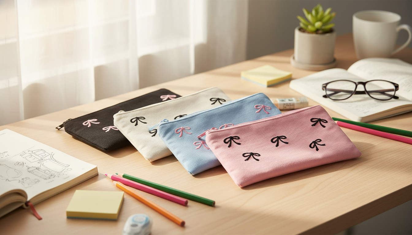 Cute Bow Canvas Pencil Pouch for School & Office