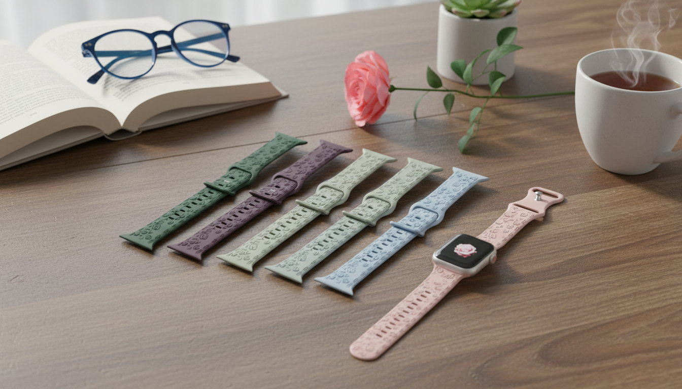 Engraved Floral Silicone Apple Watch Strap: Soft & Secure