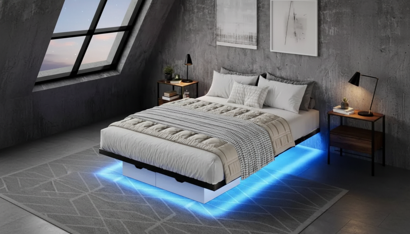 Floating Queen Platform Bed: LED Lights + Storage Upgrade