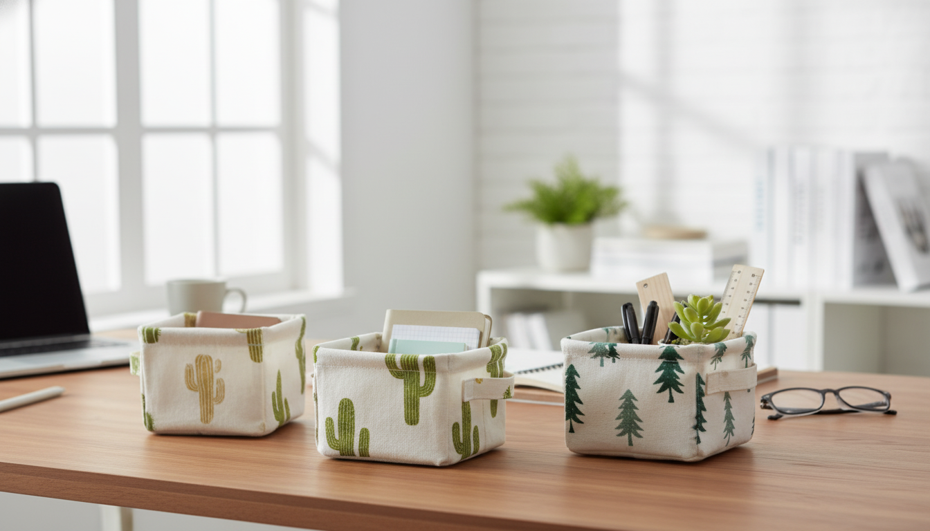 Foldable Linen Desk Basket with Handle, Waterproof Lining