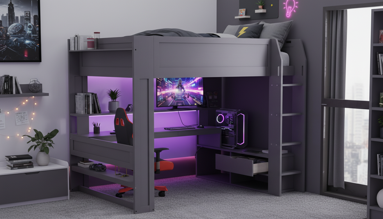 Full Loft Bed: Desk, Shelves, LEDs & Charging