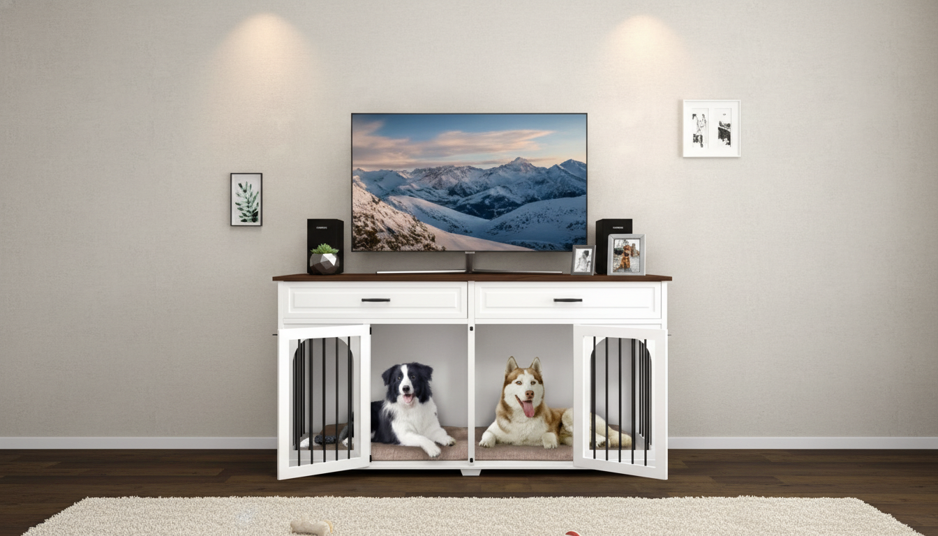 Furniture-Style Dog Crate TV Stand with Drawers & Divider