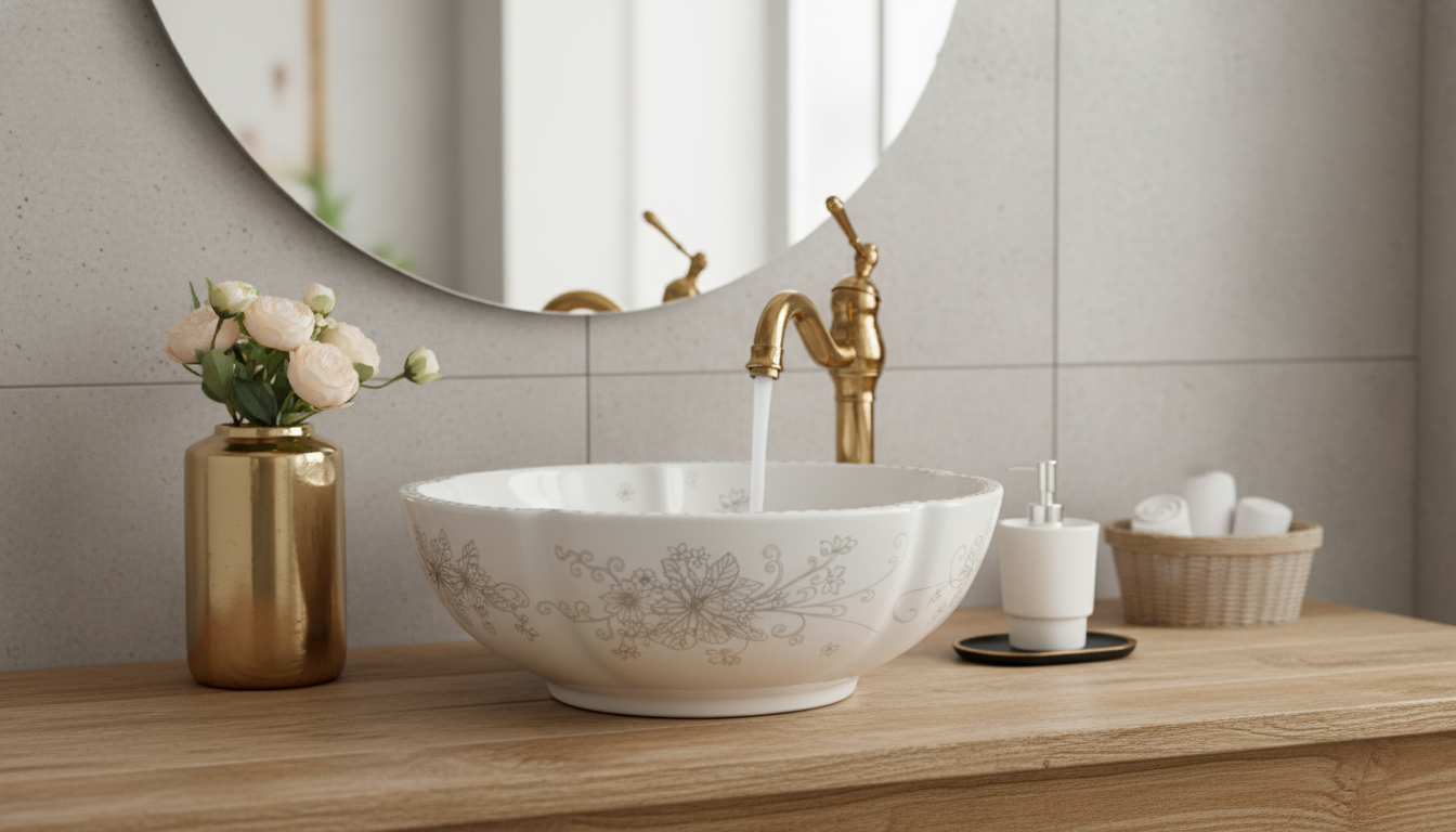 Hand-Painted Floral Ceramic Sink Set with Waterfall