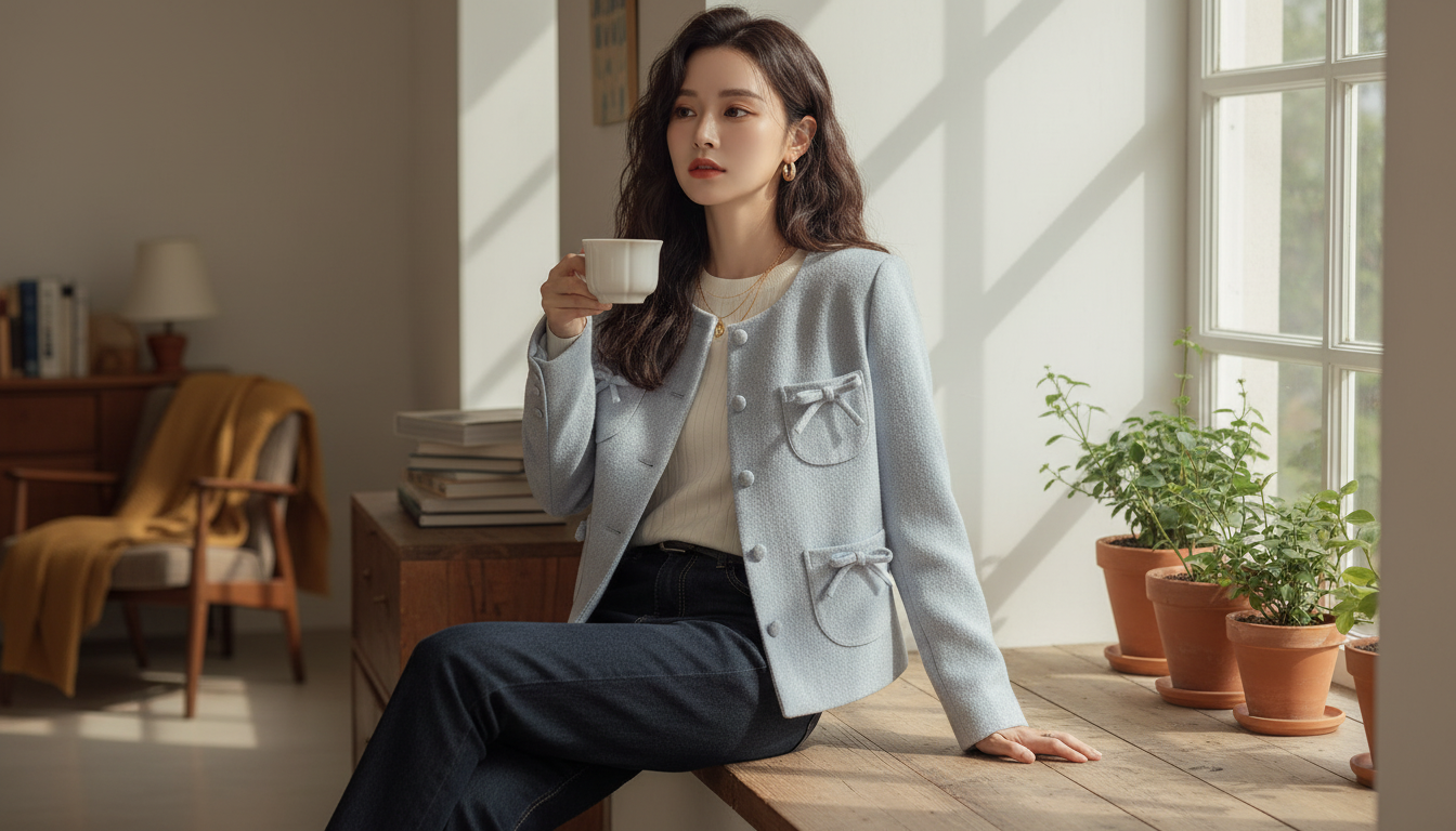 Korean Bow-Pocket Short Coat: Polished Women’s Layer