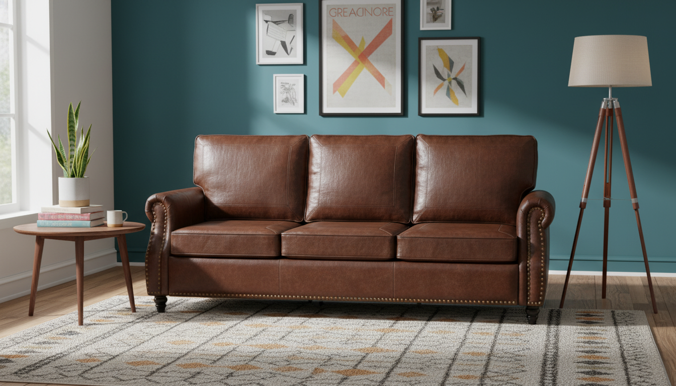 Mid-Century Faux Leather Sofa: Rolled Arms & Nailheads