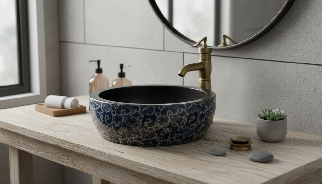 Round Ceramic Vessel Sink Set: Antique Brass Faucet + Drain