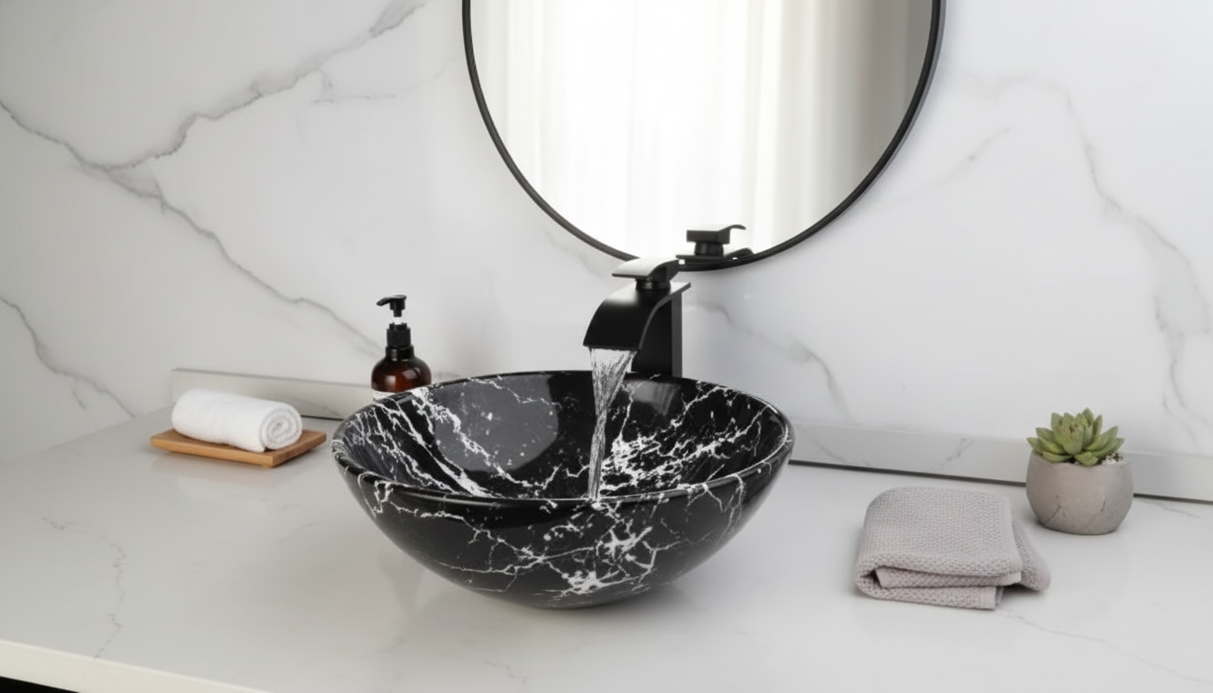 Round Ceramic Vessel Sink + Waterfall Faucet Upgrade