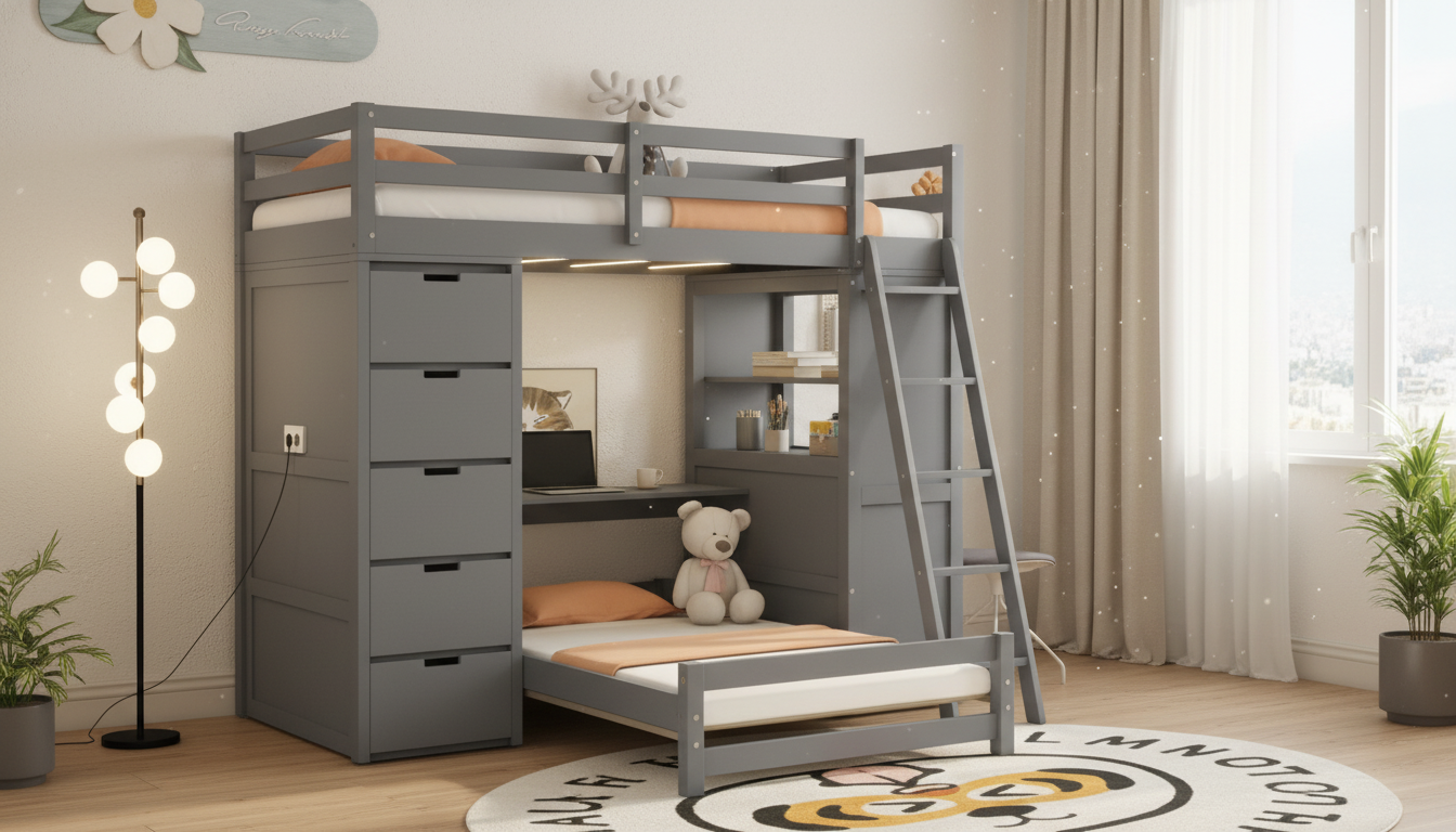 Twin Bunk Bed with Desk: Storage, LED + USB Power