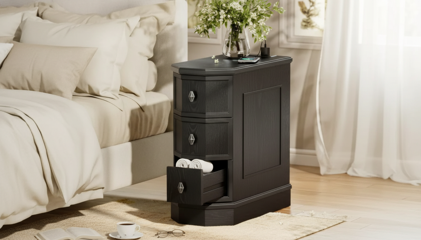 Vintage 3-Drawer Nightstand with Built-In Charging