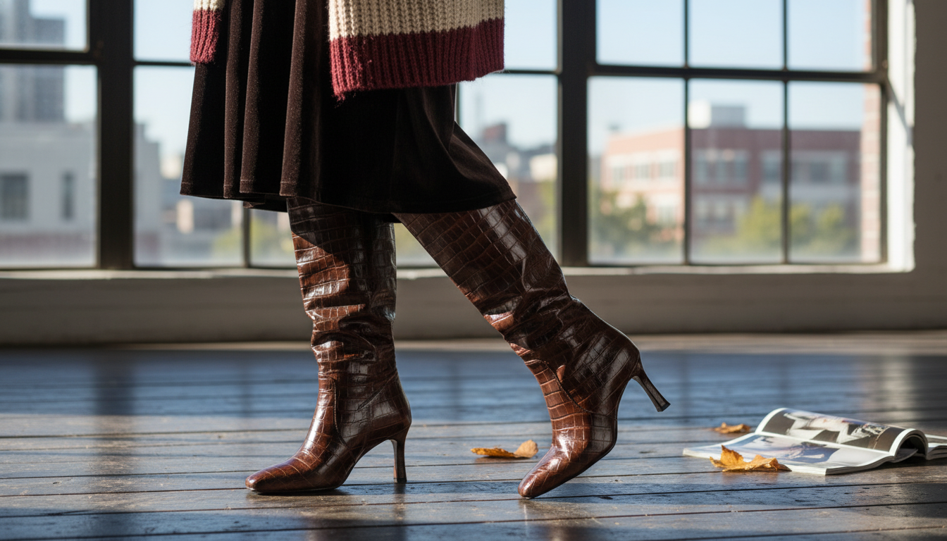 Brown Split Leather Knee-High Boots: Thin High Heel