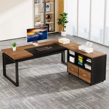 Modern L-Shaped Executive Desk: Reversible File Storage